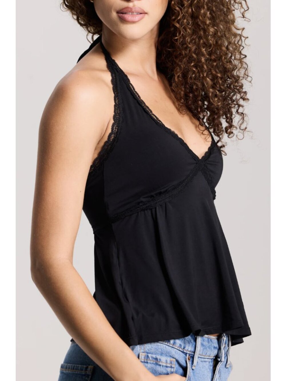 KLASSY NETWORK Lace Trim Babydoll Halter Top in Black 3XL Minimalist Y2K Comfy